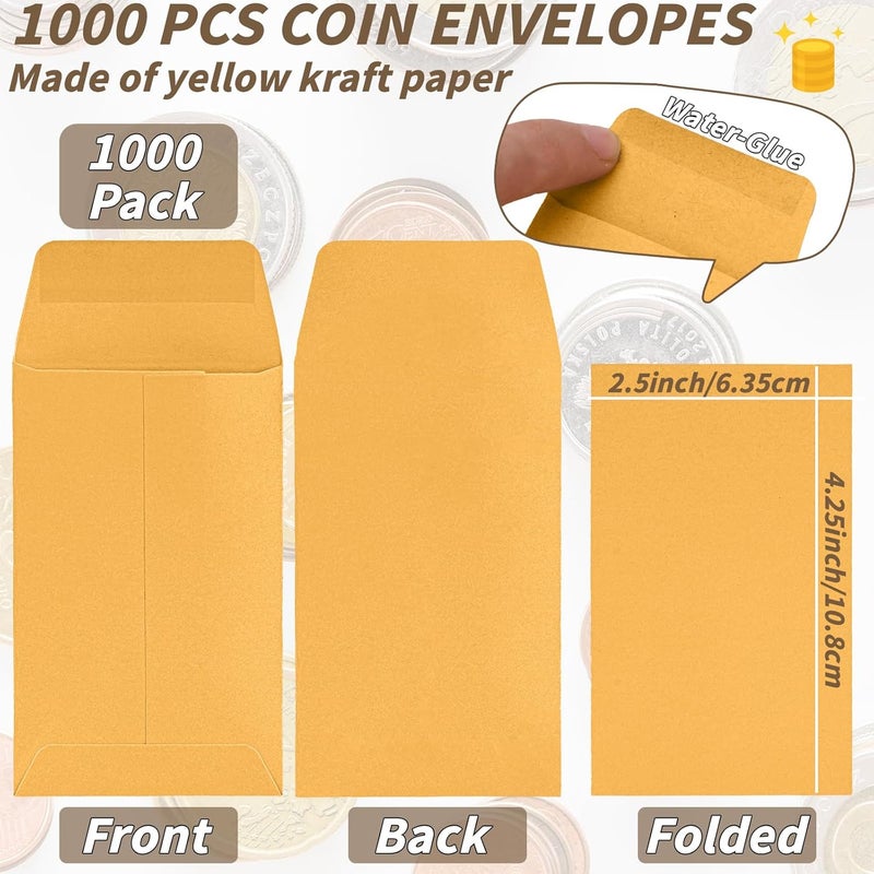 UZLU 1000 Pack Small Coin Envelope 4.25x 2.5in Gold Kraft Money Envelope Small Cash Envelopes Mini Key Envelopes with Gummed Flap for Home and Office Use - Image 2